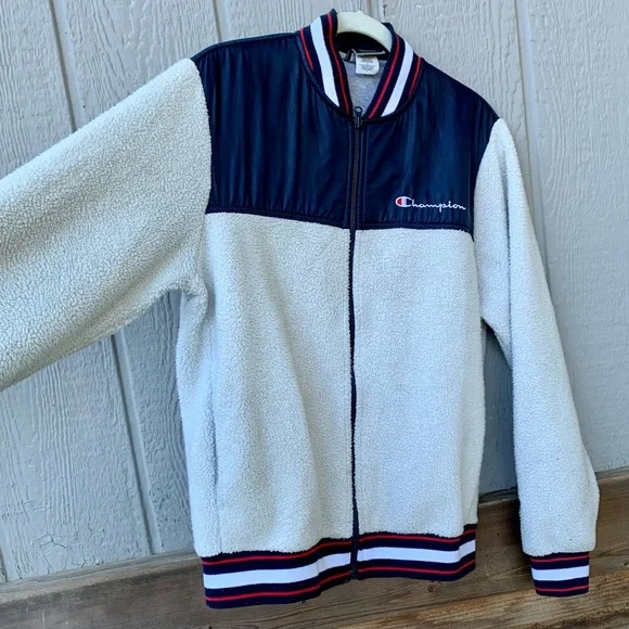 Champion sherpa color block jersey style zip up sporty jacket sweater - Picture 16 of 16